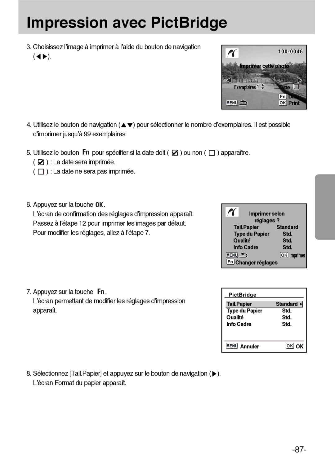 Samsung ER-GX1LZBBA/FR, ER-GX1LZBBA/E1 manual ’écran de confirmation des réglages d’impression apparaît 