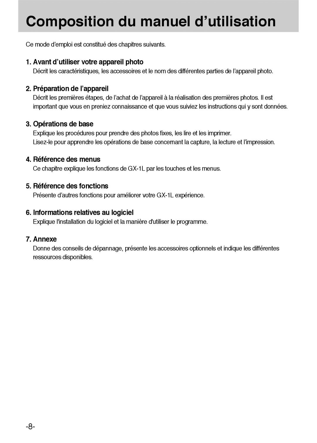 Samsung ER-GX1LZBBA/E1 manual Composition du manuel d’utilisation, Ce mode d’emploi est constitué des chapitres suivants 