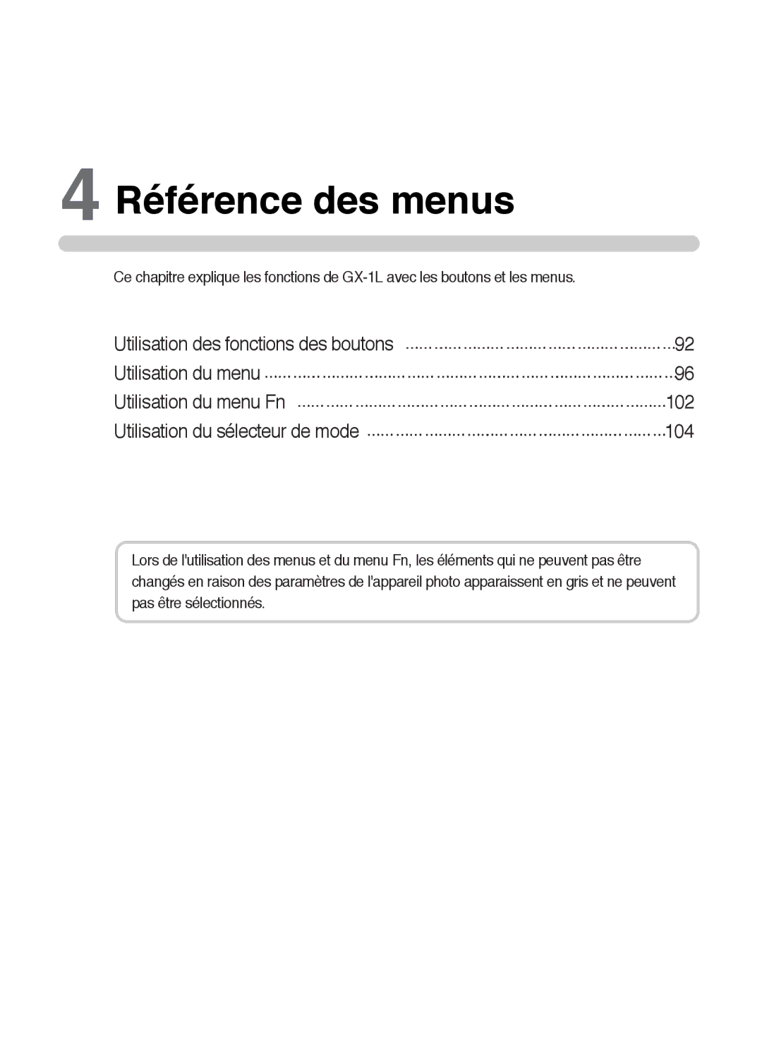 Samsung ER-GX1LZBBA/FR, ER-GX1LZBBA/E1 manual Référence des menus 