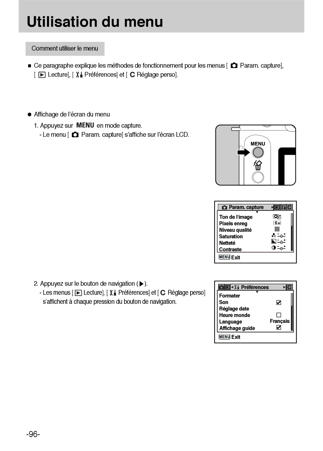 Samsung ER-GX1LZBBA/E1, ER-GX1LZBBA/FR manual Utilisation du menu, Appuyez sur le bouton de navigation 