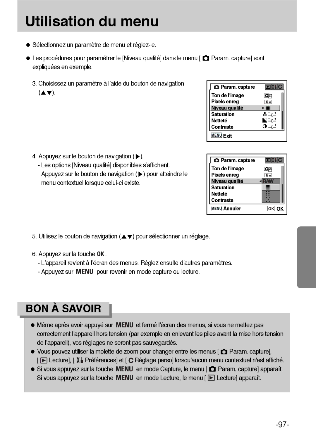 Samsung ER-GX1LZBBA/FR, ER-GX1LZBBA/E1 manual Menu contextuel lorsque celui-ci existe, Utilisez le bouton de navigation 