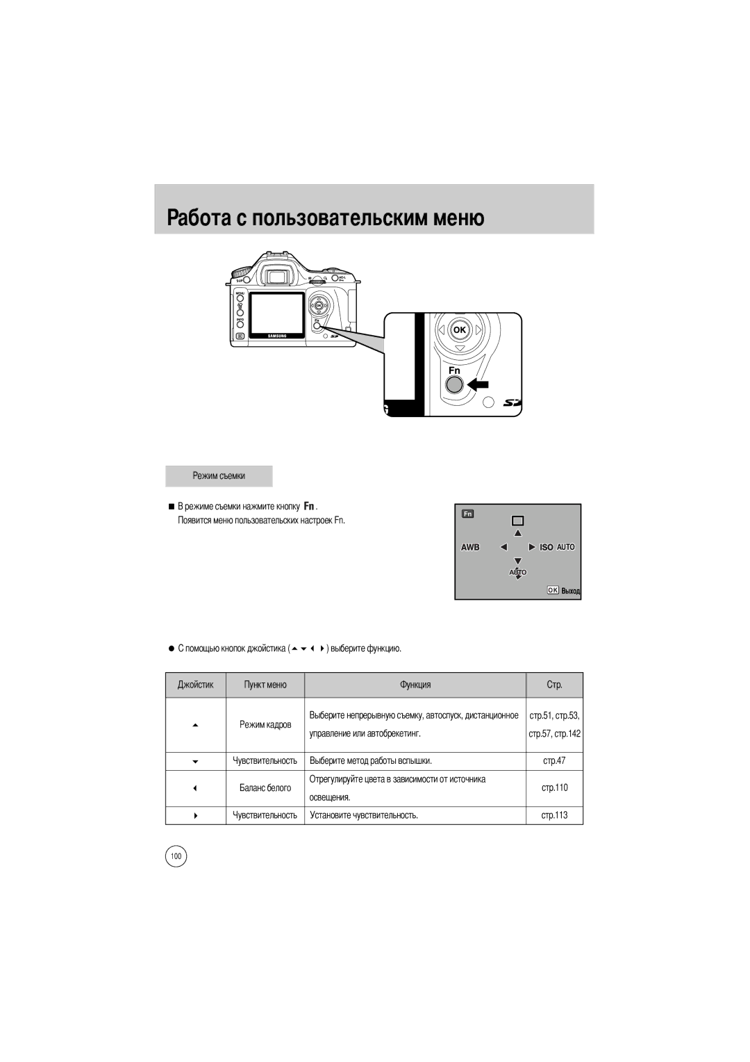 Samsung ER-GX1SZBBC/E1, ER-GX1SZBAA Абота с пользовательским меню, Выберите функцию, Управление или автобрекетинг, Стр.47 