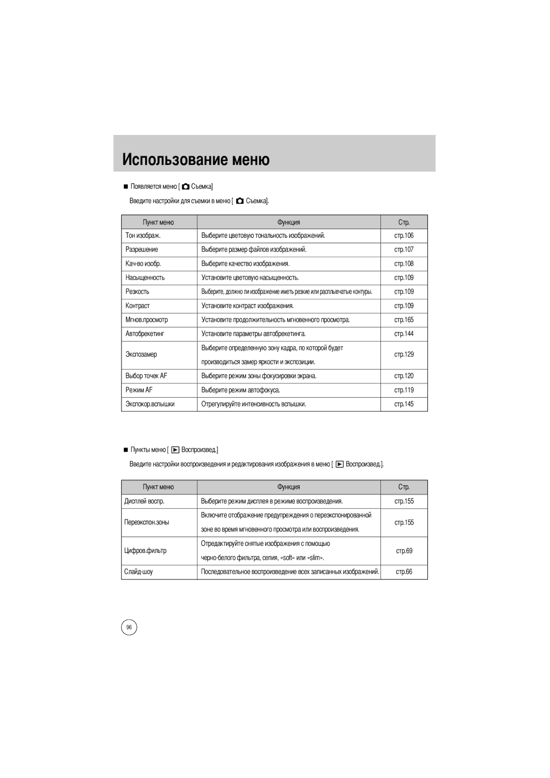 Samsung ER-GX1SZBBA/DE manual Cтр.106 Cтр.107 Cтр.108, Цветовую насыщенность, Cтр.109, Cтр.165, Cтр.129, Cтр.120 Cтр.119 