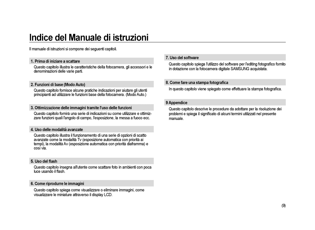 Samsung ER-GX20ZBBA/E1, ER-GX20ZBBC/E1, ER-GX20ZBBB/E1, ER-GX20ZBBA/IT manual Indice del Manuale di istruzioni 