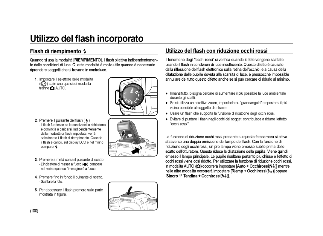 Samsung ER-GX20ZBBB/E1, ER-GX20ZBBC/E1 manual Flash di riempimento, Utilizzo del ﬂash con riduzione occhi rossi, 100 