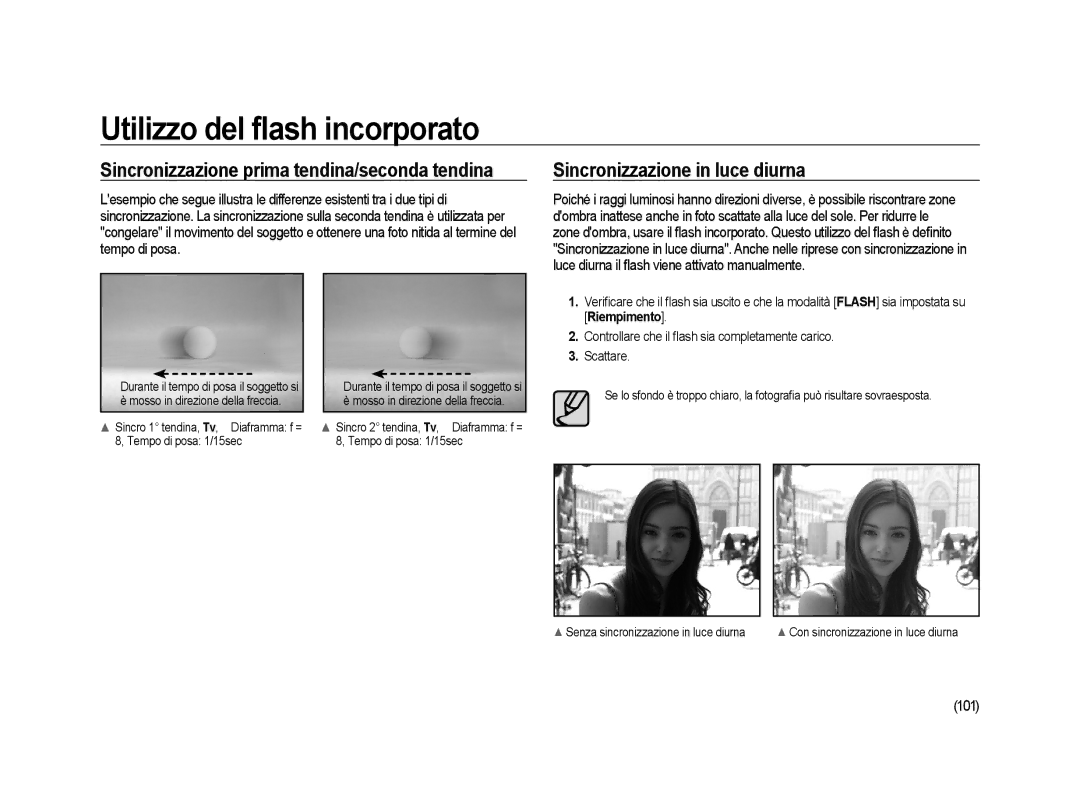 Samsung ER-GX20ZBBA/E1 manual Sincronizzazione in luce diurna, Sincronizzazione prima tendina/seconda tendina, 101 