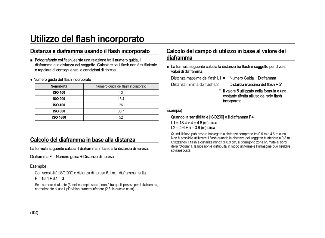 Samsung ER-GX20ZBBB/E1 Calcolo del diaframma in base alla distanza, Distanza e diaframma usando il ﬂash incorporato, 104 