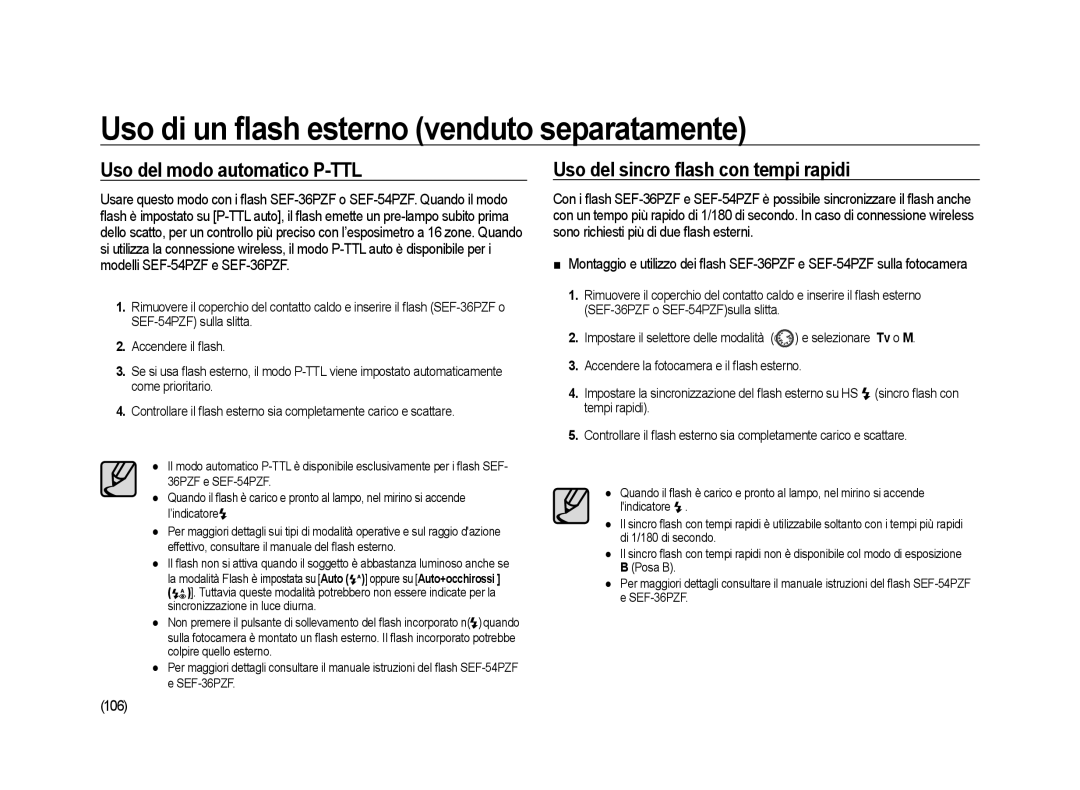 Samsung ER-GX20ZBBA/IT, ER-GX20ZBBC/E1 manual Uso del modo automatico P-TTL, Uso del sincro ﬂash con tempi rapidi, 106 