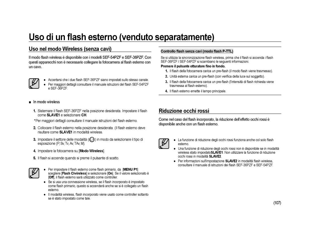 Samsung ER-GX20ZBBC/E1, ER-GX20ZBBB/E1 manual Uso nel modo Wireless senza cavi, Riduzione occhi rossi, Modo wireless, 107 