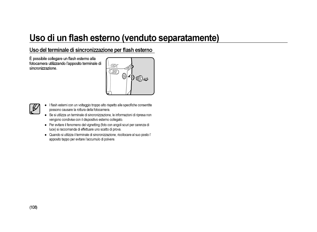 Samsung ER-GX20ZBBB/E1, ER-GX20ZBBC/E1 manual Uso del terminale di sincronizzazione per ﬂash esterno, Sincronizzazione, 108 