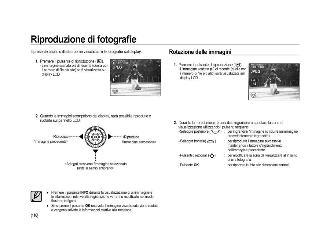 Samsung ER-GX20ZBBA/IT, ER-GX20ZBBC/E1, ER-GX20ZBBB/E1 manual Riproduzione di fotograﬁe, Rotazione delle immagini, 110 