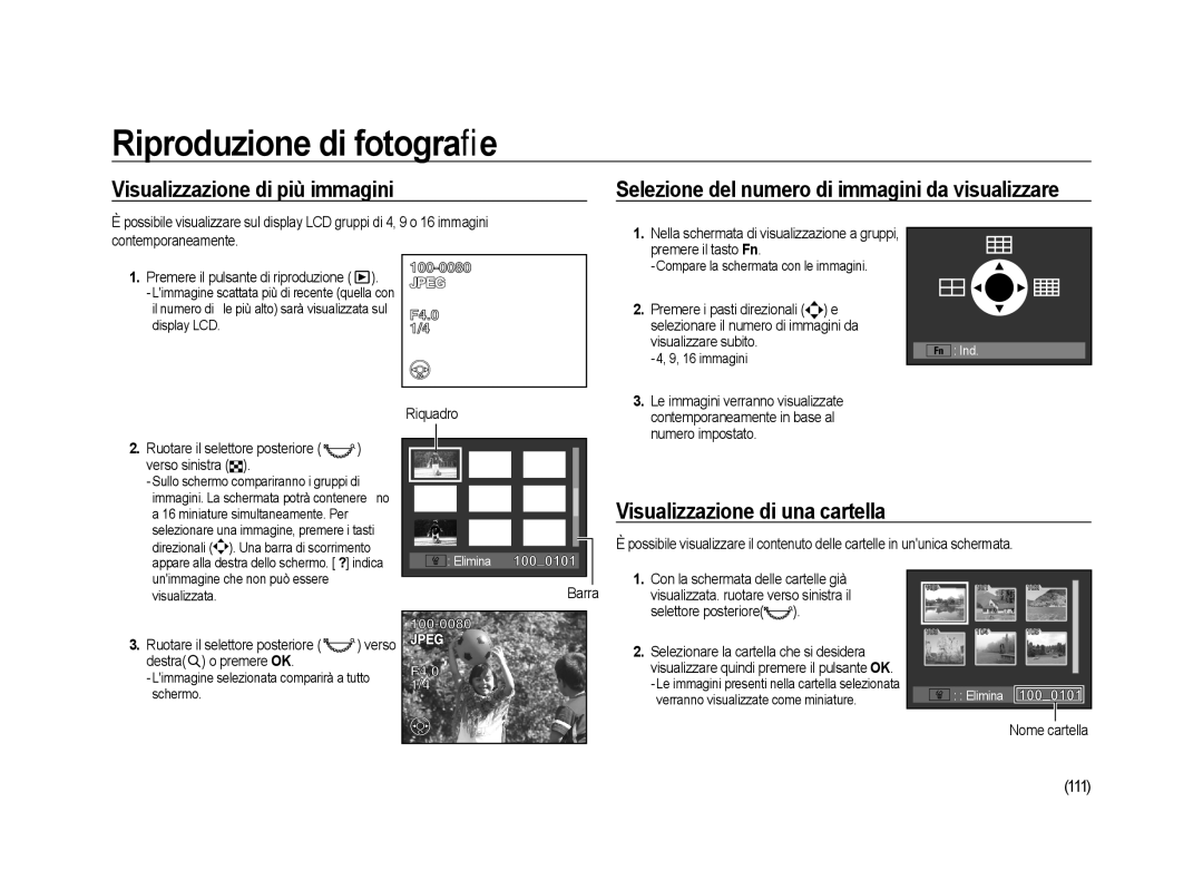 Samsung ER-GX20ZBBC/E1 manual Visualizzazione di più immagini, Selezione del numero di immagini da visualizzare, 111 