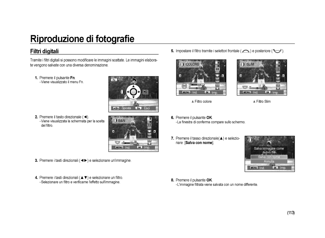 Samsung ER-GX20ZBBA/E1, ER-GX20ZBBC/E1 Filtri digitali, 113, Premere il tasso direzionale e selezio- nare Salva con nome 