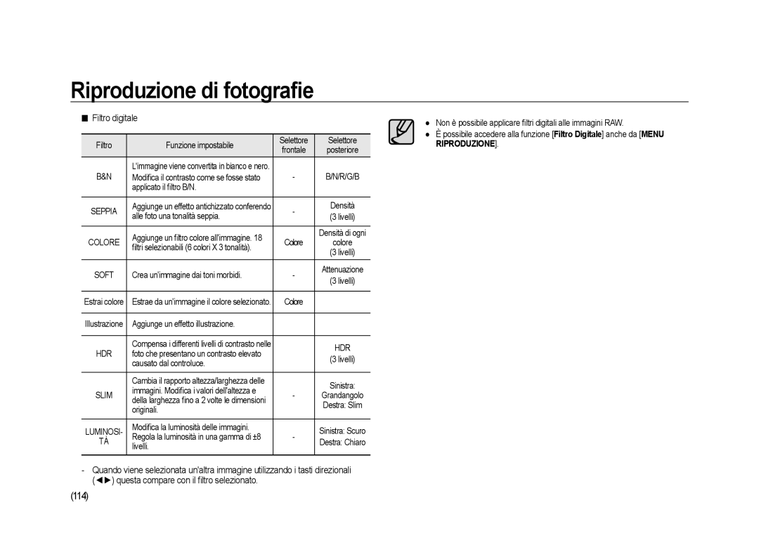 Samsung ER-GX20ZBBA/IT, ER-GX20ZBBC/E1, ER-GX20ZBBB/E1, ER-GX20ZBBA/E1 manual 114, Filtro digitale 