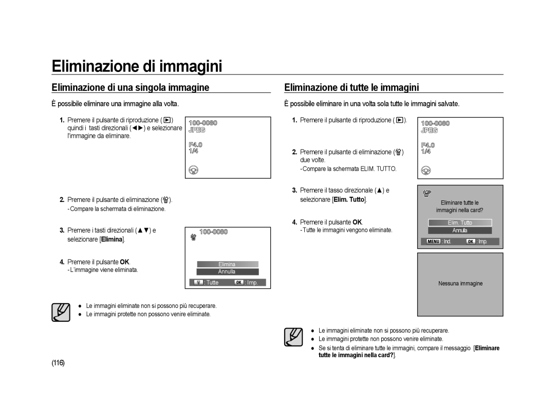 Samsung ER-GX20ZBBB/E1, ER-GX20ZBBC/E1 manual Eliminazione di immagini, 116, Limmagine da eliminare, Selezionare Elimina 