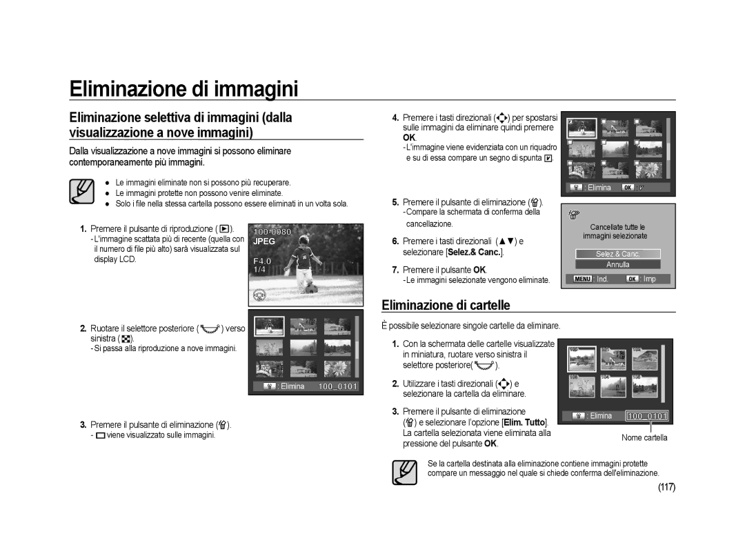 Samsung ER-GX20ZBBA/E1 manual Eliminazione di cartelle, 117, Premere il pulsante di eliminazione, Pressione del pulsante OK 