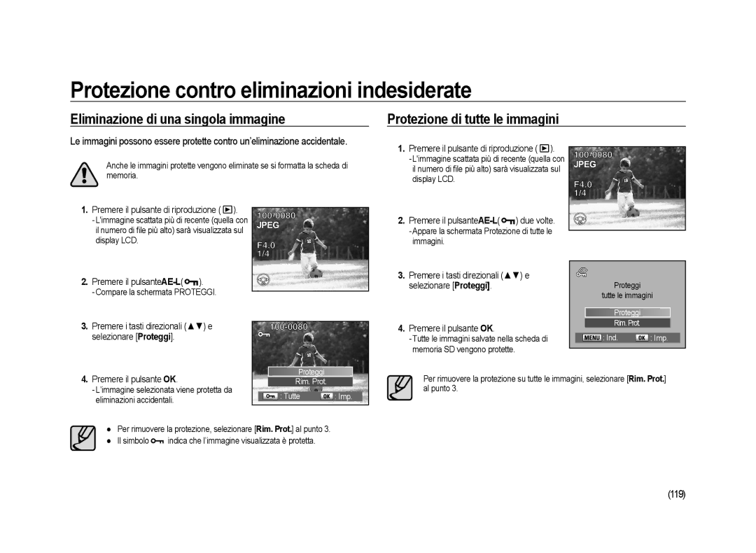 Samsung ER-GX20ZBBC/E1 manual Protezione contro eliminazioni indesiderate, Eliminazione di una singola immagine, 119 