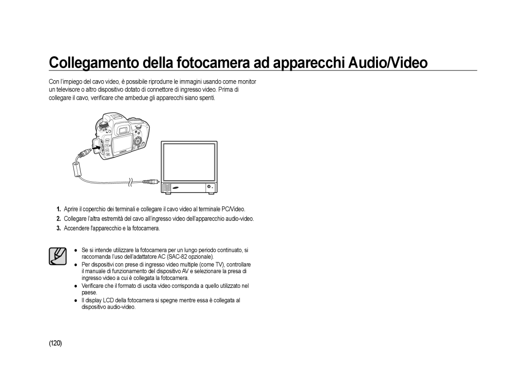 Samsung ER-GX20ZBBB/E1, ER-GX20ZBBC/E1, ER-GX20ZBBA/E1 manual Collegamento della fotocamera ad apparecchi Audio/Video, 120 