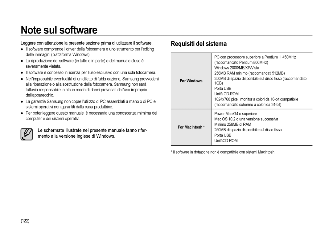 Samsung ER-GX20ZBBA/IT, ER-GX20ZBBC/E1, ER-GX20ZBBB/E1, ER-GX20ZBBA/E1 manual Requisiti del sistema, 122 