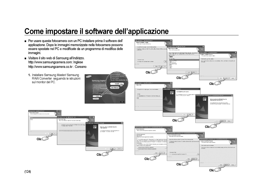 Samsung ER-GX20ZBBB/E1, ER-GX20ZBBC/E1, ER-GX20ZBBA/E1 manual Come impostare il software dell’applicazione, 124, Clic 