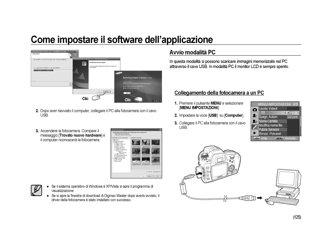 Samsung ER-GX20ZBBA/E1, ER-GX20ZBBC/E1 manual Avvio modalità PC, Collegamento della fotocamera a un PC, 125, Uscita Videot 