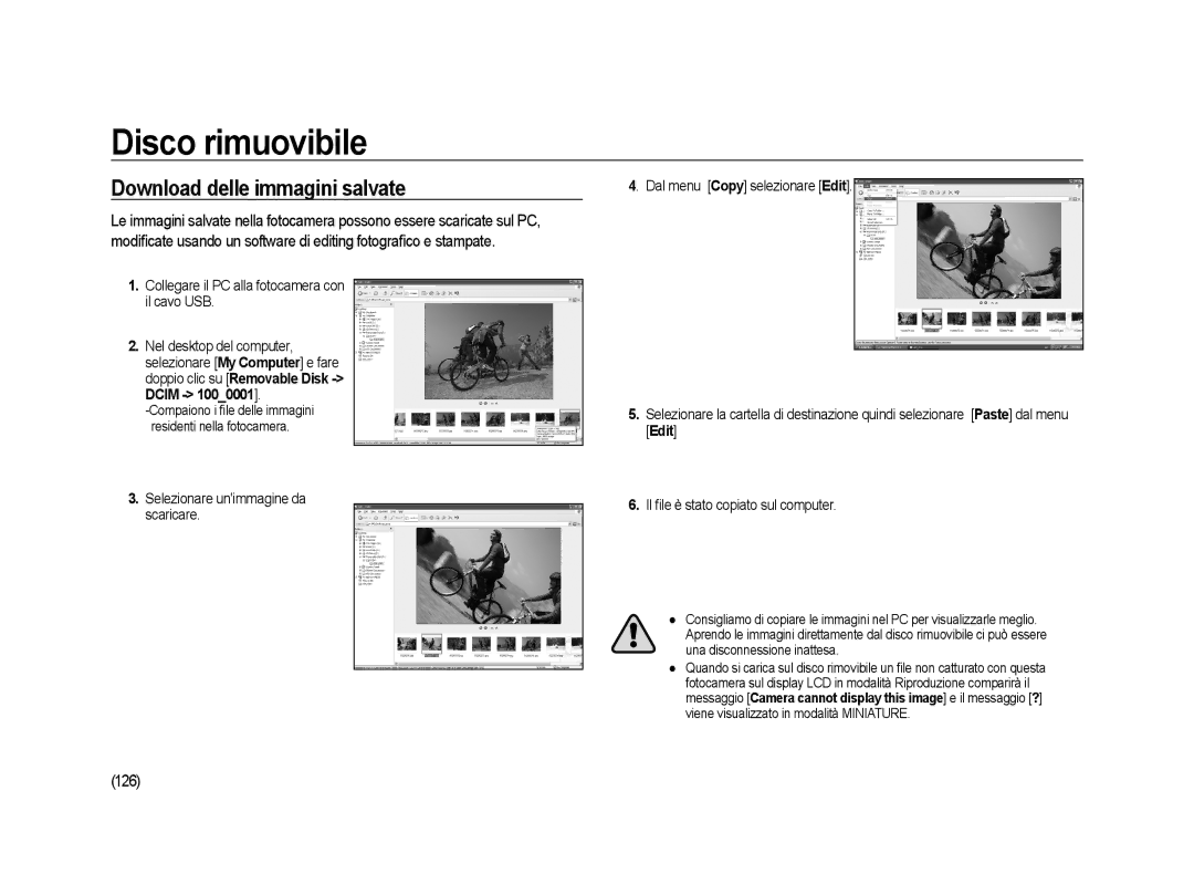 Samsung ER-GX20ZBBA/IT manual Disco rimuovibile, Download delle immagini salvate, 126, Selezionare unimmagine da scaricare 