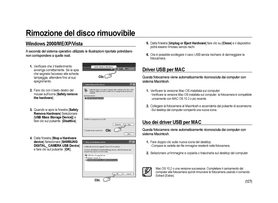 Samsung ER-GX20ZBBC/E1, ER-GX20ZBBB/E1 Rimozione del disco rimuovibile, Windows 2000/ME/XP/Vista, Driver USB per MAC, 127 