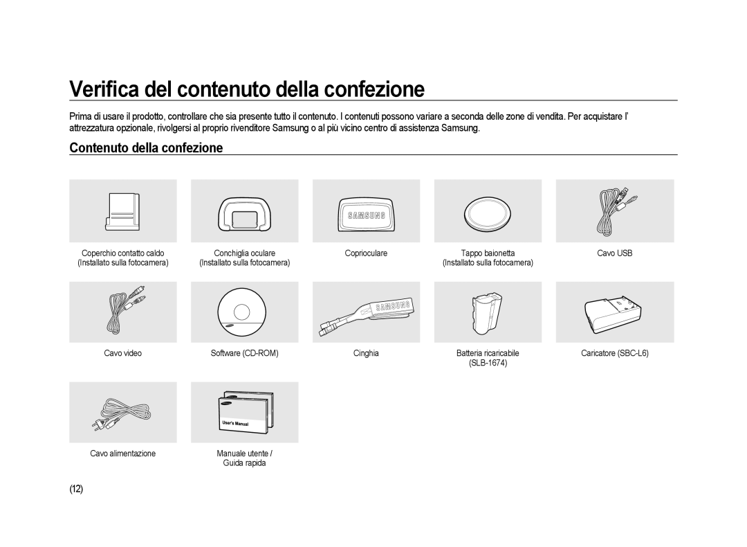 Samsung ER-GX20ZBBB/E1, ER-GX20ZBBC/E1 Veriﬁca del contenuto della confezione, Contenuto della confezione, Coprioculare 