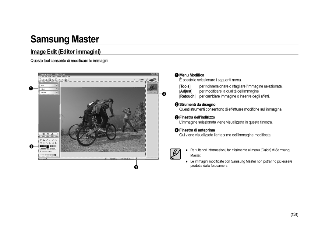 Samsung ER-GX20ZBBC/E1, ER-GX20ZBBB/E1 manual Image Edit Editor immagini, Questo tool consente di modiﬁcare le immagini, 131 