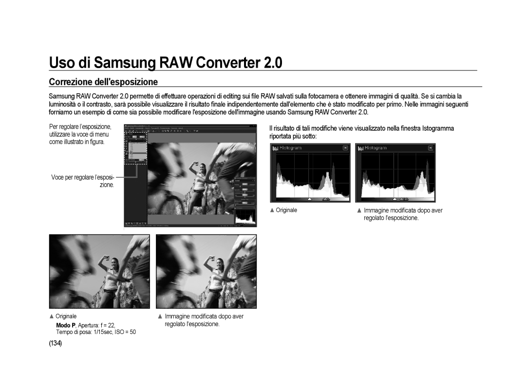 Samsung ER-GX20ZBBA/IT, ER-GX20ZBBC/E1, ER-GX20ZBBB/E1 manual Correzione dellesposizione, 134, Regolato lesposizione 