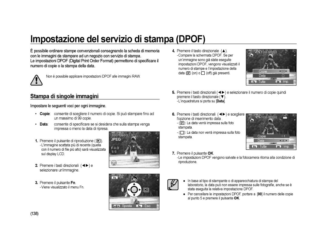 Samsung ER-GX20ZBBA/IT Impostazione del servizio di stampa Dpof, Stampa di singole immagini, 138, Copie Data Tutte Imp 