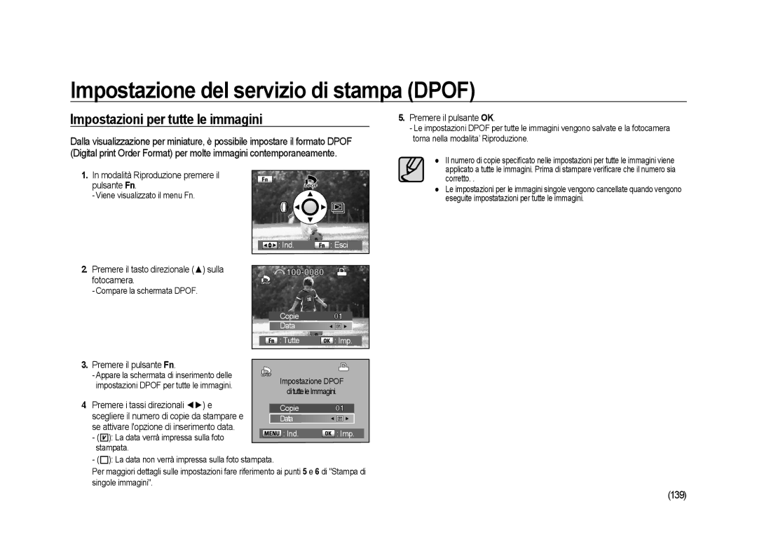 Samsung ER-GX20ZBBC/E1 manual Impostazioni per tutte le immagini, 139, Modalità Riproduzione premere il Pulsante Fn 