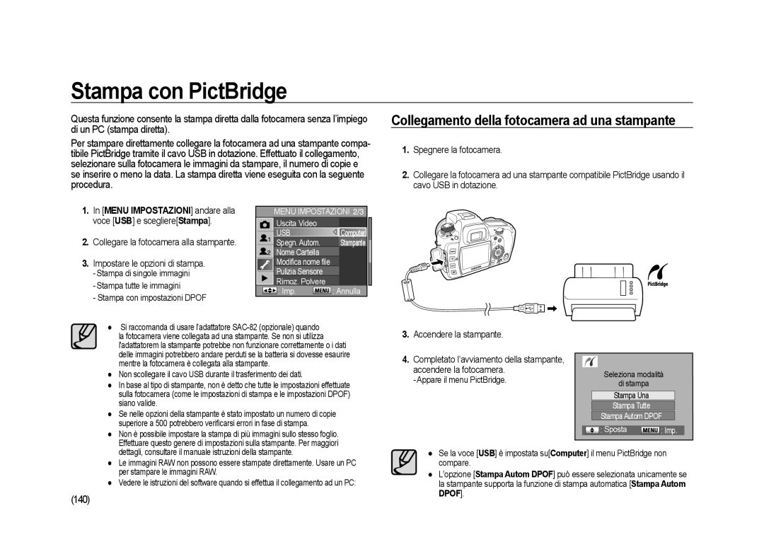 Samsung ER-GX20ZBBB/E1 Stampa con PictBridge, Collegamento della fotocamera ad una stampante, 140, Accendere la stampante 