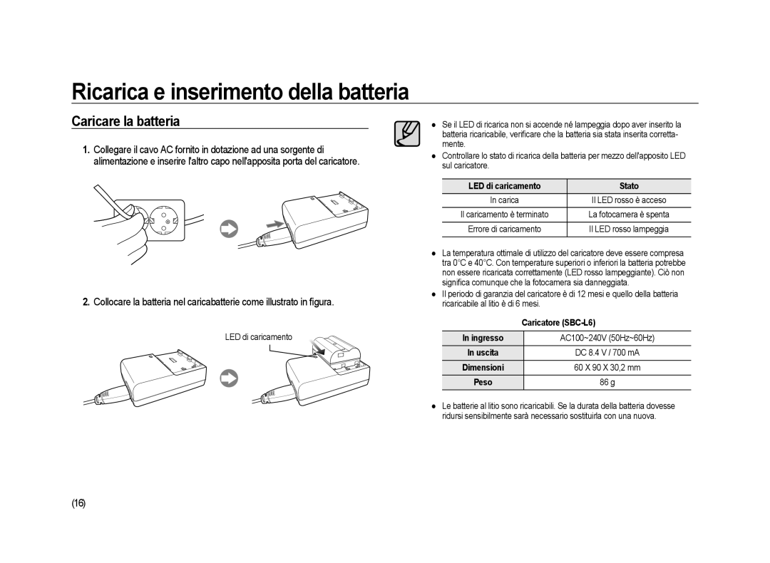 Samsung ER-GX20ZBBB/E1 manual Ricarica e inserimento della batteria, Caricare la batteria, LED di caricamento Stato 