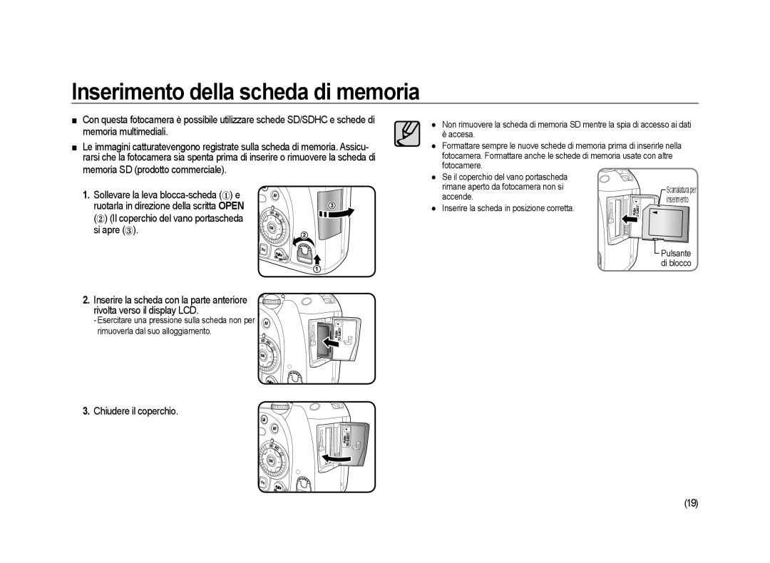 Samsung ER-GX20ZBBC/E1, ER-GX20ZBBB/E1, ER-GX20ZBBA/E1 Inserimento della scheda di memoria, Chiudere il coperchio, Accende 