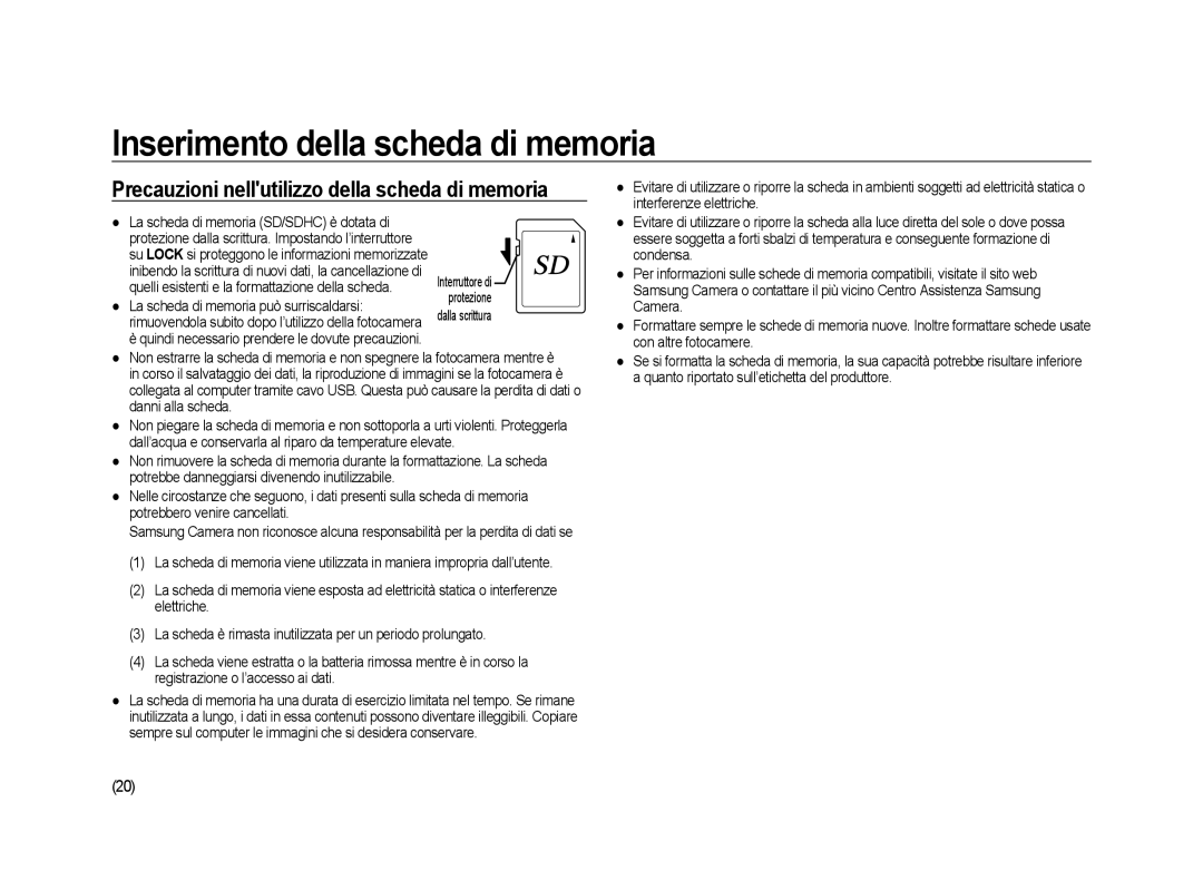 Samsung ER-GX20ZBBB/E1, ER-GX20ZBBC/E1, ER-GX20ZBBA/E1, ER-GX20ZBBA/IT manual Precauzioni nellutilizzo della scheda di memoria 