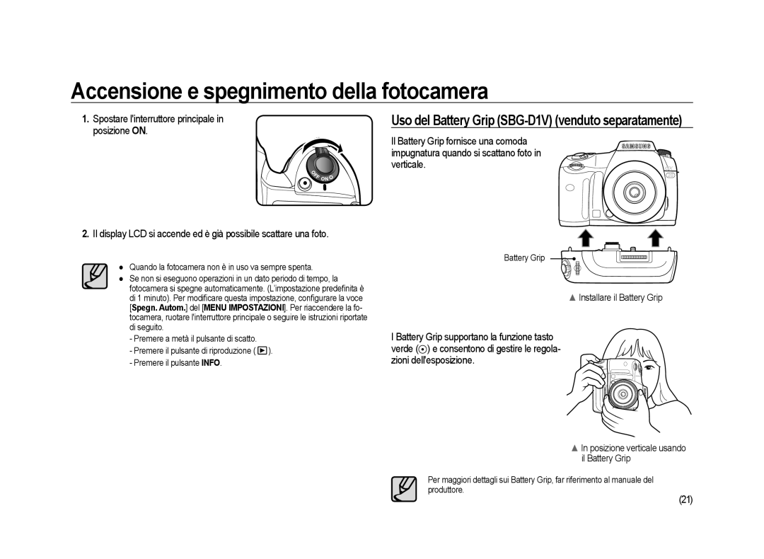 Samsung ER-GX20ZBBA/E1, ER-GX20ZBBC/E1 manual Accensione e spegnimento della fotocamera, Installare il Battery Grip 