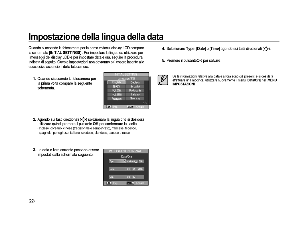 Samsung ER-GX20ZBBA/IT, ER-GX20ZBBC/E1, ER-GX20ZBBB/E1, ER-GX20ZBBA/E1 Impostazione della lingua della data, Initial Setting 