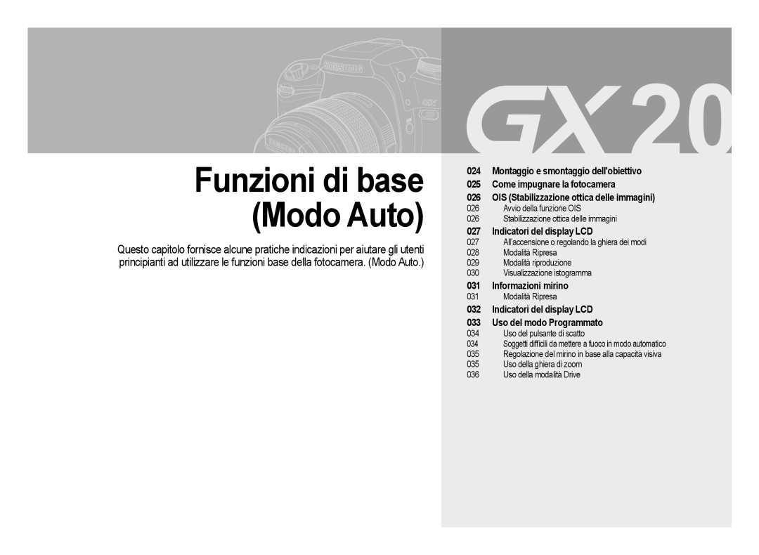 Samsung ER-GX20ZBBC/E1, ER-GX20ZBBB/E1 Funzioni di base Modo Auto, Indicatori del display LCD Uso del modo Programmato 