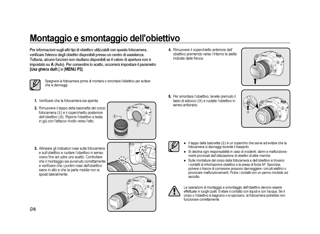 Samsung ER-GX20ZBBB/E1, ER-GX20ZBBC/E1 manual Montaggio e smontaggio dellobiettivo, Veriﬁcare che la fotocamera sia spenta 