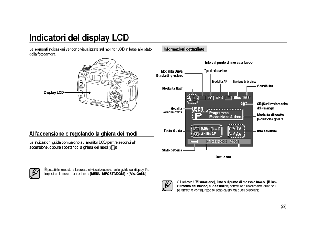 Samsung ER-GX20ZBBC/E1 Indicatori del display LCD, All’accensione o regolando la ghiera dei modi, Informazioni dettagliate 