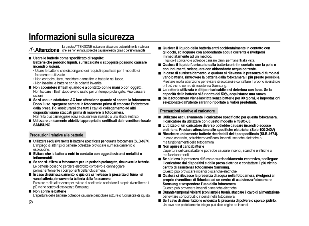 Samsung ER-GX20ZBBA/IT Precauzioni relative alle batterie, Precauzioni relative al caricatore, Non aprire le batterie 