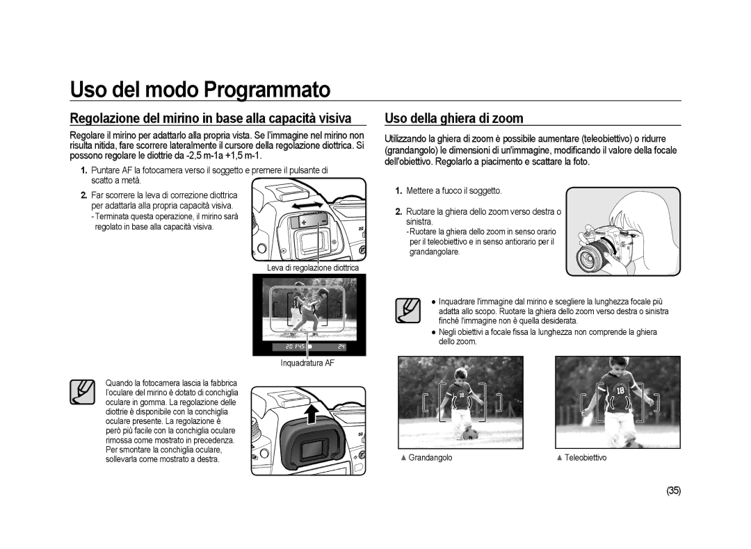 Samsung ER-GX20ZBBC/E1, ER-GX20ZBBB/E1 manual Uso della ghiera di zoom, Regolazione del mirino in base alla capacità visiva 