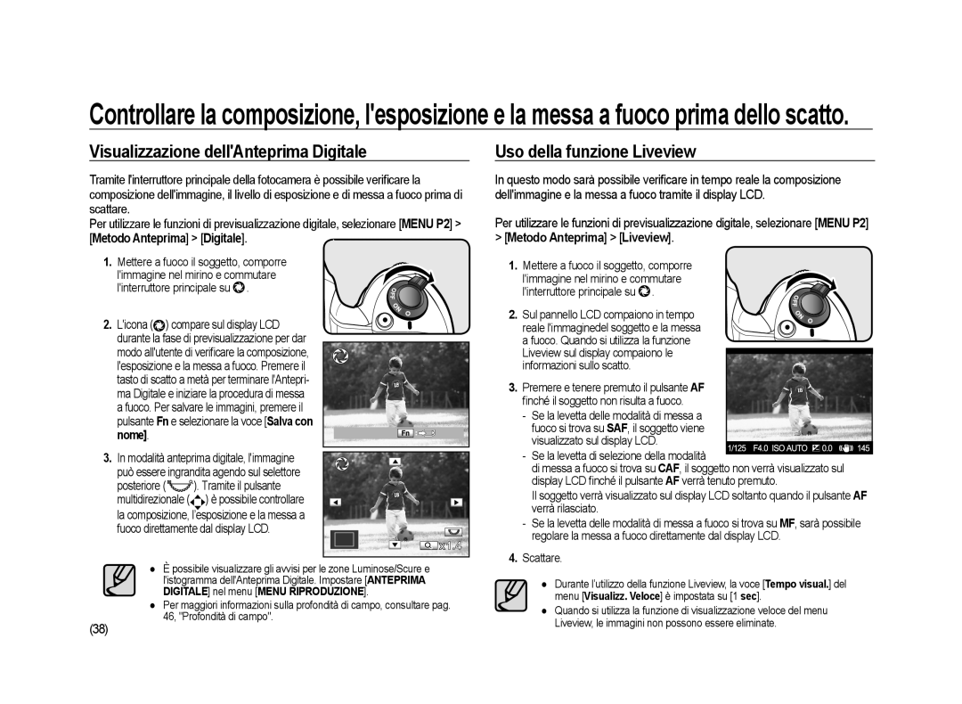 Samsung ER-GX20ZBBA/IT Visualizzazione dellAnteprima Digitale, Uso della funzione Liveview, Metodo Anteprima Liveview 