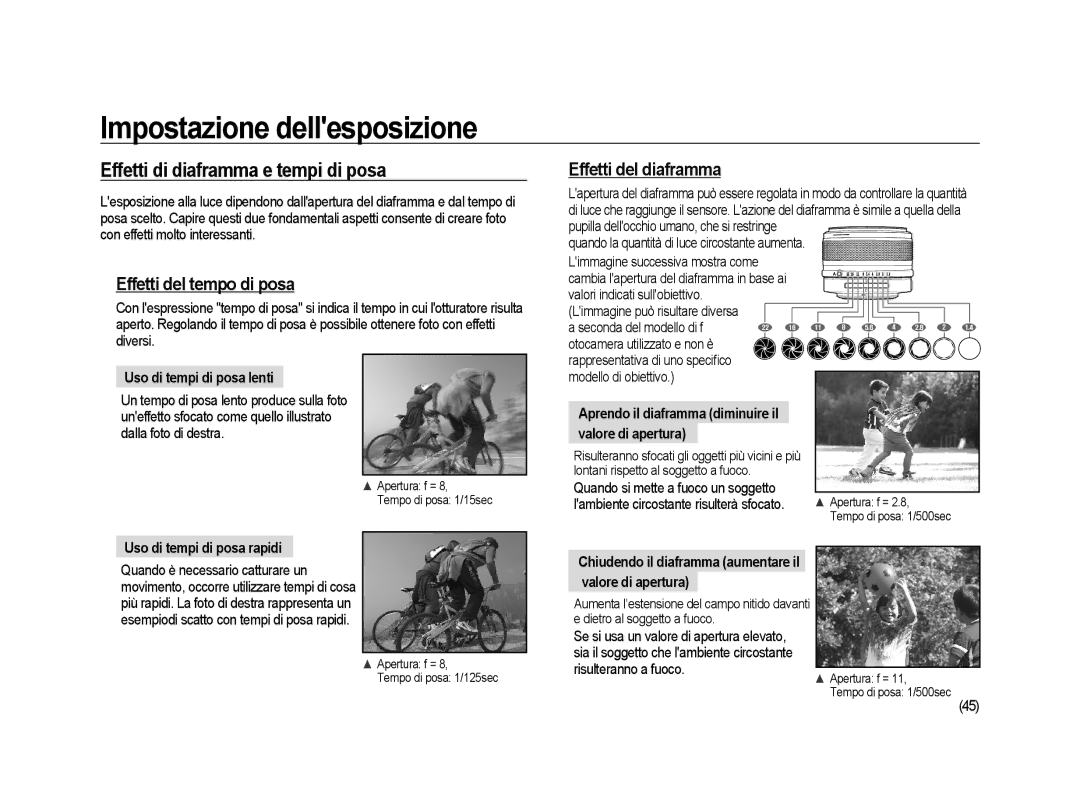 Samsung ER-GX20ZBBA/E1 manual Effetti di diaframma e tempi di posa, Effetti del tempo di posa, Effetti del diaframma 