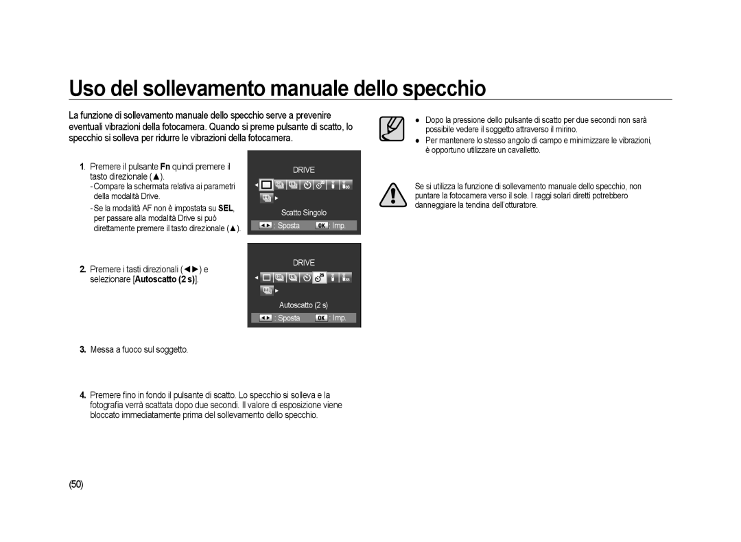 Samsung ER-GX20ZBBA/IT Uso del sollevamento manuale dello specchio, Messa a fuoco sul soggetto, Autoscatto 2 s Sposta Imp 