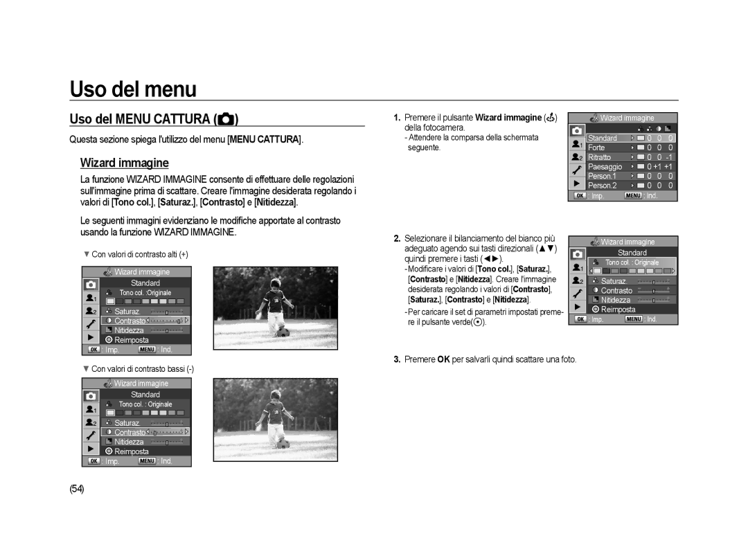 Samsung ER-GX20ZBBA/IT manual Uso del Menu Cattura, Wizard immagine, Questa sezione spiega lutilizzo del menu Menu Cattura 