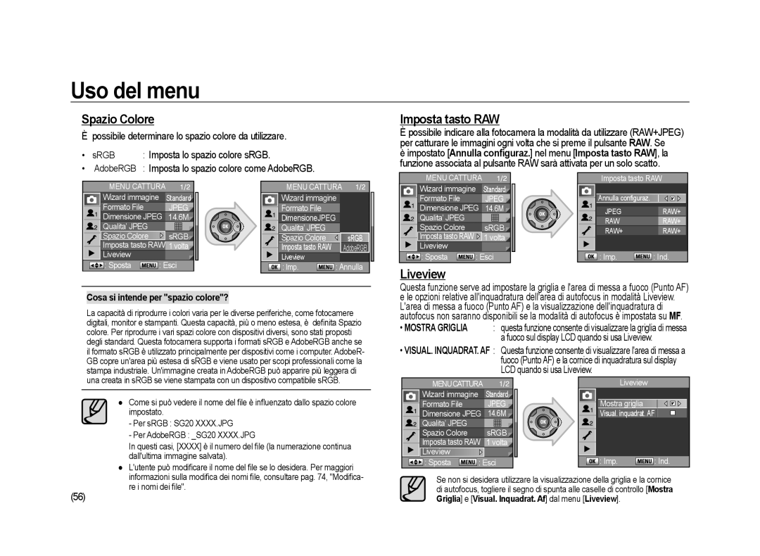 Samsung ER-GX20ZBBB/E1 manual Spazio Colore, Imposta tasto RAW, Possibile determinare lo spazio colore da utilizzare 