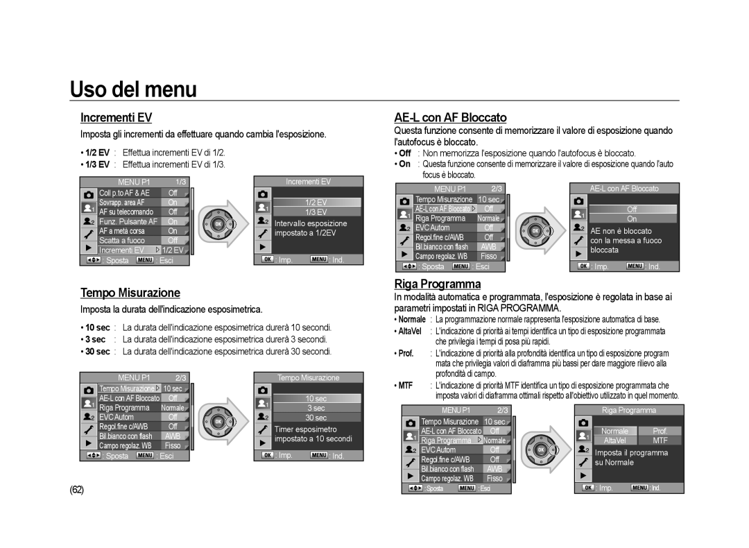 Samsung ER-GX20ZBBA/IT, ER-GX20ZBBC/E1 manual Incrementi EV, AE-L con AF Bloccato, Tempo Misurazione, Riga Programma 