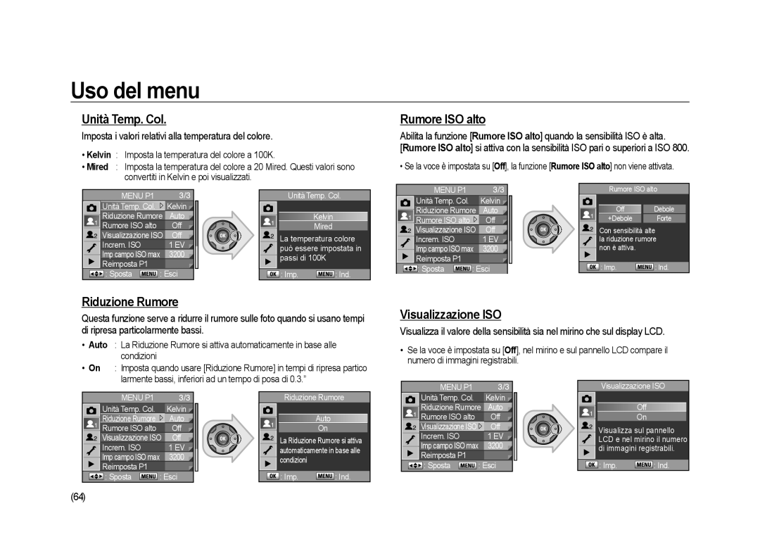 Samsung ER-GX20ZBBB/E1, ER-GX20ZBBC/E1 manual Unità Temp. Col, Rumore ISO alto, Riduzione Rumore, Visualizzazione ISO 